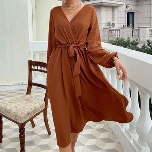 SHEIN - Surplice Neck Belted Lantern Sleeve Dress